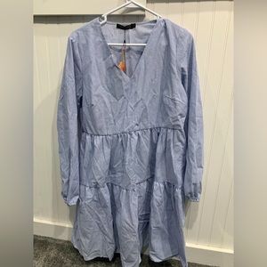 Womens blue and white, knee length, pinstripe dress. New with tags.